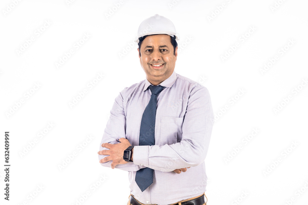 Confident indian engineer standing on white background. Confident indian engineer standing on white background.