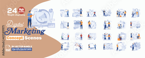 Digital marketing concept scenes illustration, collection of male and female business people scenes in the digital marketing concept scene. mega set flat vector modern illustration