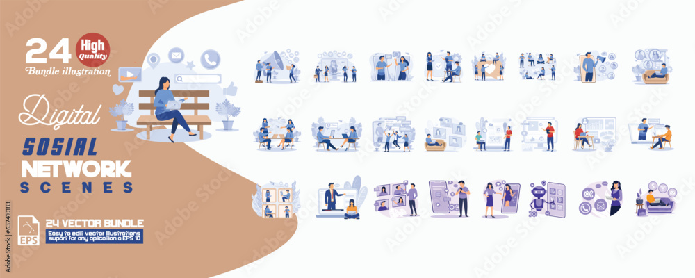 © Alwie99d - Digital social network scenes concept illustration, collection of male and female business people scenes in the digital social network scenes. mega set flat vector modern illustration