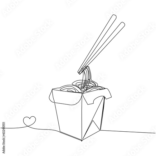 Continuous one line drawing of chinese takeout box with noodle. Concept of quick lunch, delivery service. Simple vector illustration