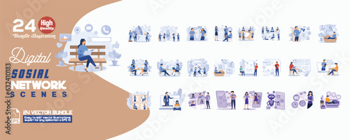 Digital social network scenes concept illustration, collection of male and female business people scenes in the digital social network scenes. mega set flat vector modern illustration