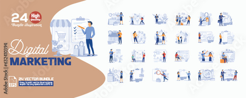 Digital marketing concept illustration, collection of male and female business people scenes in the digital marketing scene. mega set flat vector modern illustration