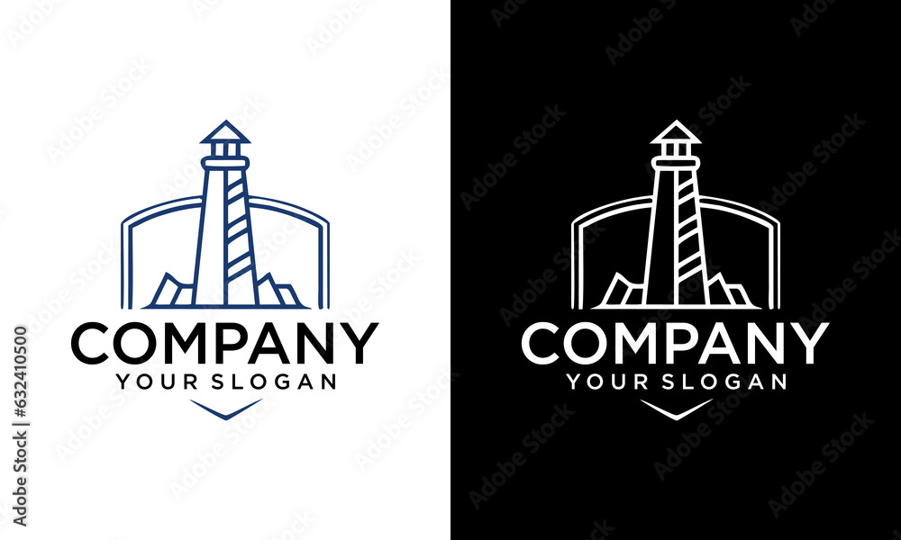 Vector line logo with lighthouse. Design template in trendy linear style - abstract emblem and badge. Perfect brand symbol for travel company, marine or tourism clubs. Easy to use.