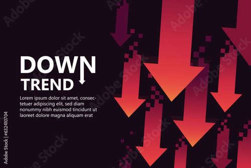 Red arrows downtrend abstract background, capturing the essence of decline with dynamic red arrows. Perfect for conveying financial downturns and market concepts. Futuristic and Tech theme.