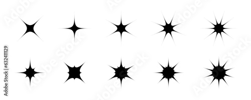 Black star and sparkle shapes set. Retro bling twinkle collection. Abstract y2k starburst shine effect pack. Design elements for template, poster, banner, logo, card, icon. Vector illustration bundle