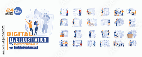 Digital live concept illustration, collection of male and female business people scenes in the digital live illustration scene. mega set flat vector modern illustration