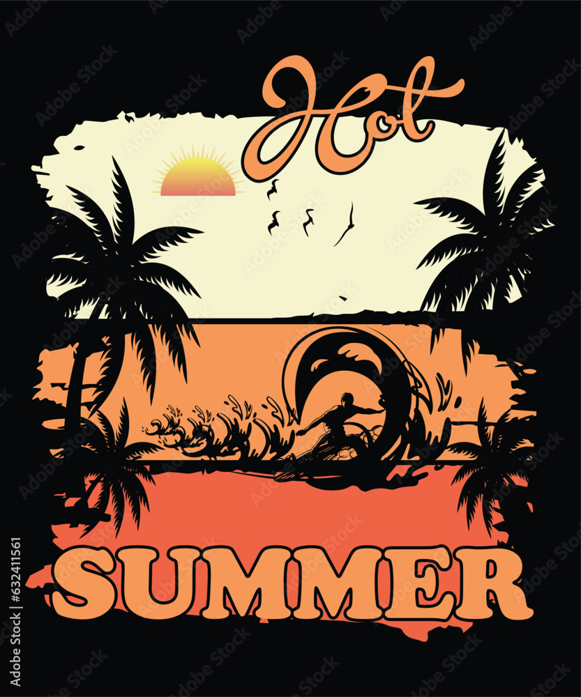 Hot summer Summer shirt print template, sunshine sea vintage vector, typography design for summer holidays