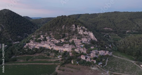 Aerial Drone shot Vaucluse Provence Seguret Medieval Town Vineyards Sunset France photo