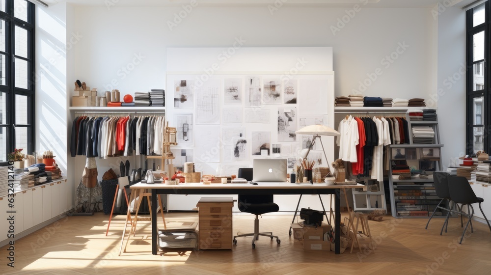 Fototapeta premium Fashion designer studio a personal computer working clothes hanging sewing machine and various sewing machines related on colorful fabric standing mannequin table, Fashion designer working studio