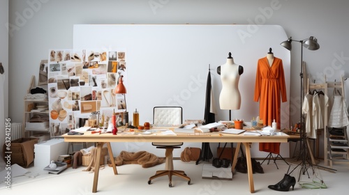 Fashion designer studio a personal computer working clothes hanging sewing machine and various sewing machines related on colorful fabric standing mannequin table, Fashion designer working studio © ND STOCK