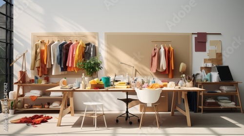 Fashion designer studio a personal computer working clothes hanging sewing machine and various sewing machines related on colorful fabric standing mannequin table  Fashion designer working studio