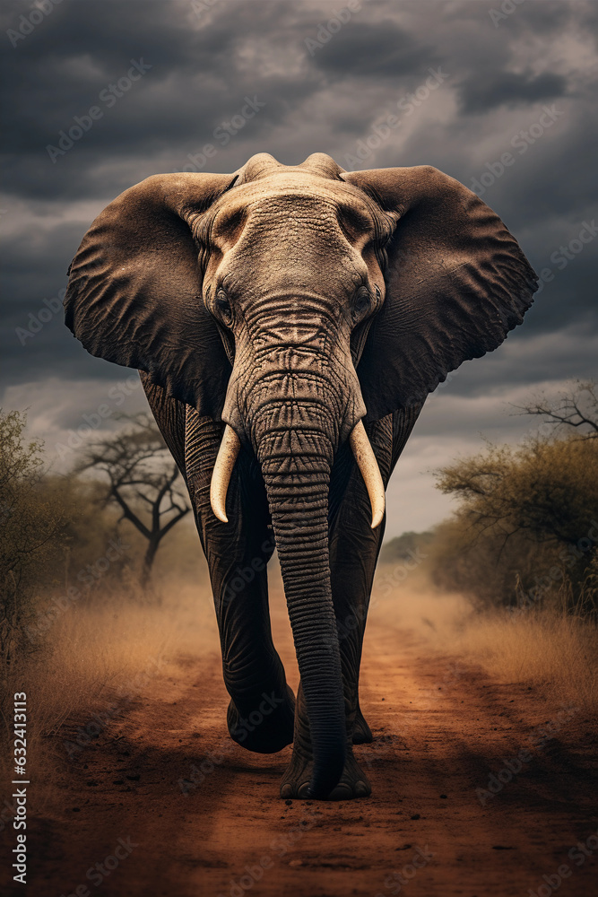 African Elephant in the Savannah. Majestic Portrait. Africa Wildlife Animal. Generative ai