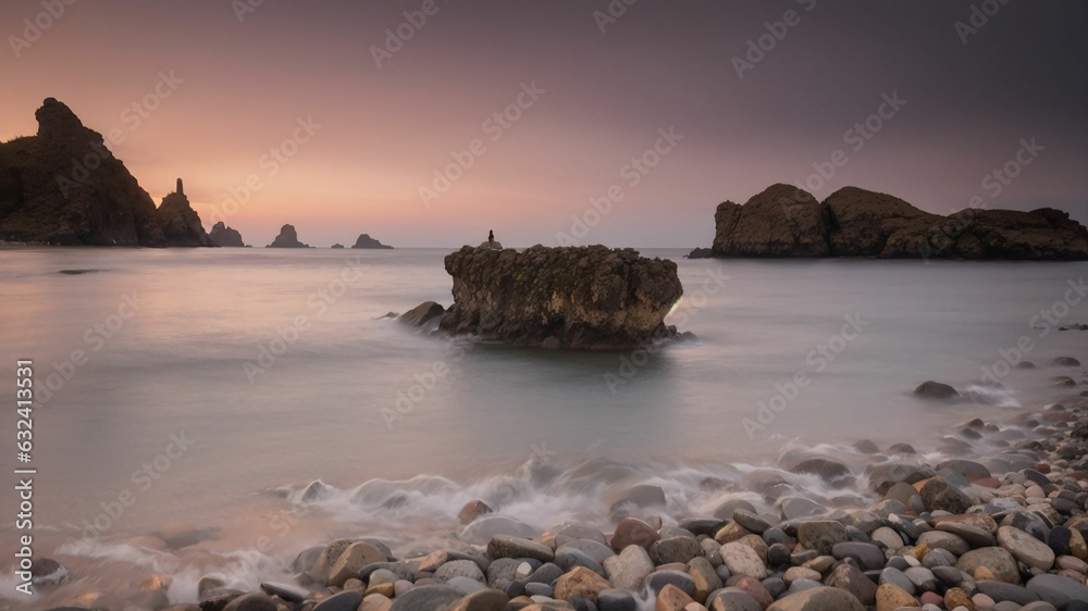 a rocky beach with a rock formation in the middle of it and a sunset in the background