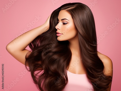 Fotografia Long hair woman hand touching hair smooth brunette hairstyle model isolated pink