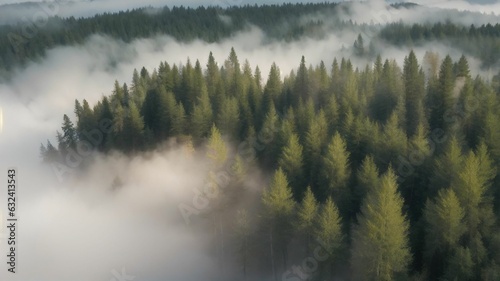 a forest with a lot of trees covered in fog and foggy weather in the distance is a plane flying over the trees © akarawit