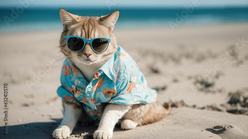 a cat wearing sunglasses and a shirt on the beach with a blue sky in the background