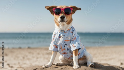 a dog wearing sunglasses sitting on a beach sand dune with the ocean in the background and a blue sky © akarawit
