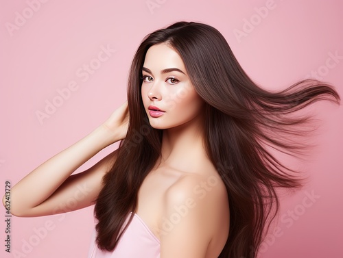 Long hair woman hand touching hair smooth brunette hairstyle model isolated pink background, Product model advestising, Generative AI