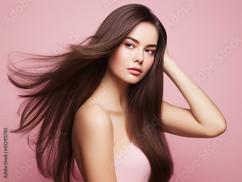Murais de parede Long hair woman hand touching hair smooth brunette hairstyle model isolated pink
