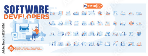Software developers concept illustration, collection of male and female business people scenes in the software developers scene mega set flat vector modern illustration