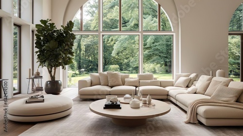 The living room interior with a coffee table and beige sofa