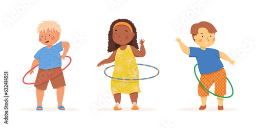 Cute children spinning a hula hoop. Multiculturalism and diversity. Girl and two boys. Vector illustration. Summer activities. Children playing outside. Funny character. Isolated on a white background