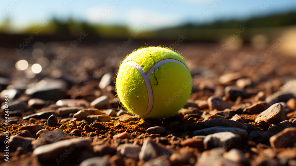 A tennis ball lies on a clay brown surface on the ground on a tennis court. AI generated