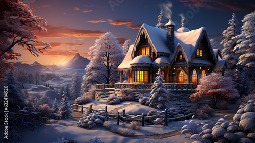 A cozy house for Christmas covered with snow in a winter fairy tale for the New Year. AI generated