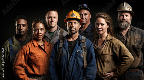 The labor worker team portrait on the isolated industrial background,