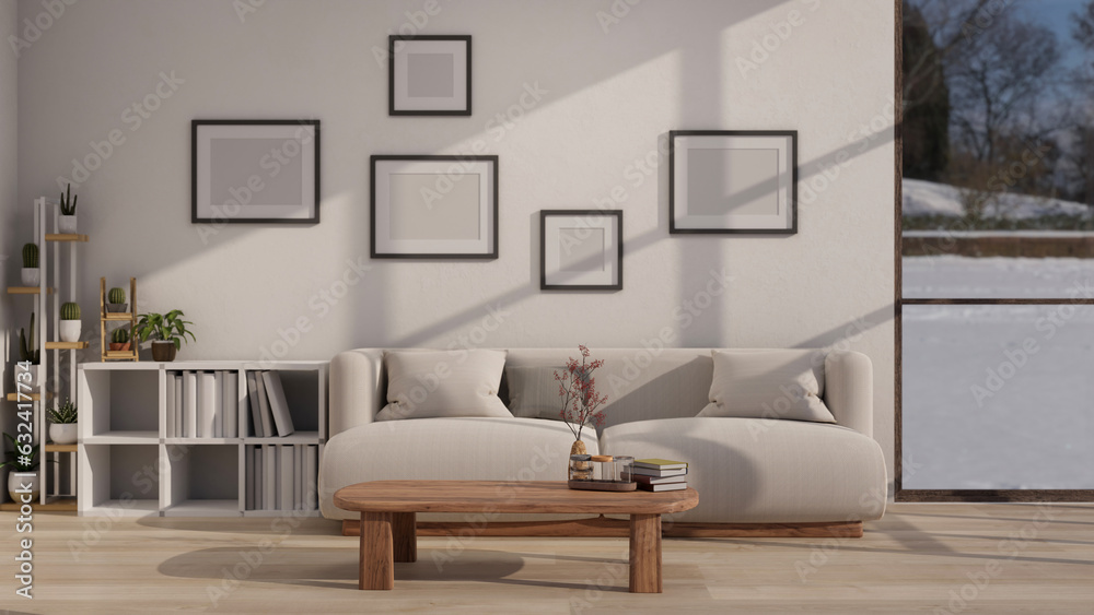 A comfortable and modern living room with a comfy couch against the wall, a coffee table A comfortable and modern living room with a comfy couch against the wall, a coffee table