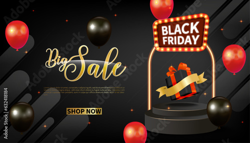 Modern black friday sale stand, background, poster, banner for business sale with balloons and gifts