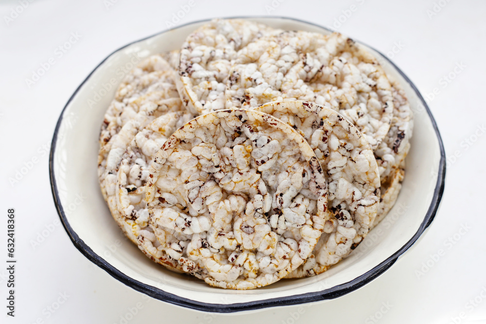 Round crispy rice crackers. Rice cakes