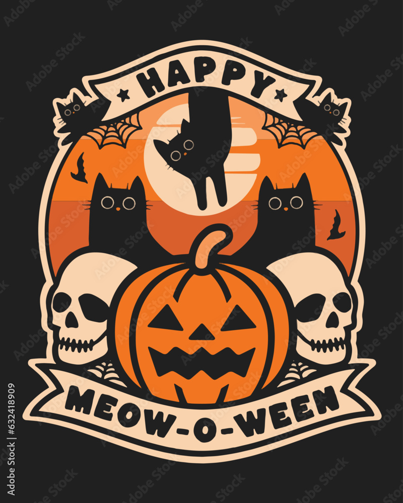 Happy Meow-O-Ween - Cat and Skull Vector Art, Illustration and Graphic
