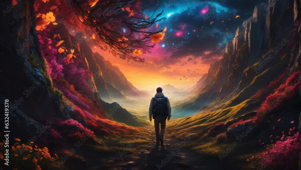 Obraz premium Amidst the picturesque embrace of a colorful valley, a man stands in awe, his gaze fixed upon the kaleidoscope of hues painted across the canvas of the sky.