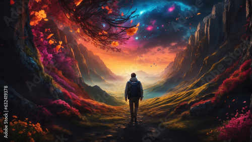 Amidst the picturesque embrace of a colorful valley, a man stands in awe, his gaze fixed upon the kaleidoscope of hues painted across the canvas of the sky.