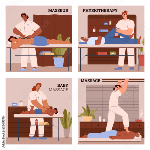 Massage therapy and physiotherapy advertising posters set, flat vector illustration.