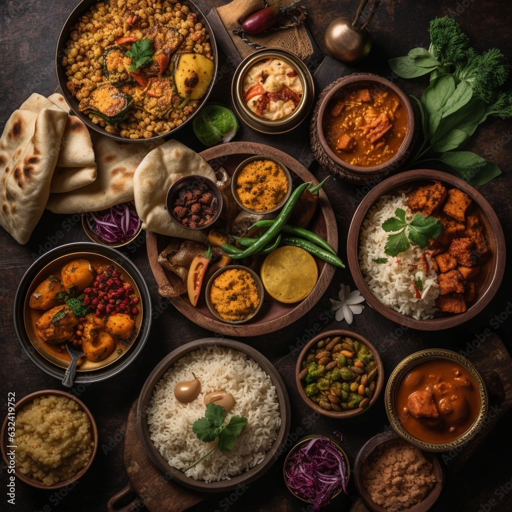 Assorted indian food on black background.. Indian cuisine. Top view. Generative ai