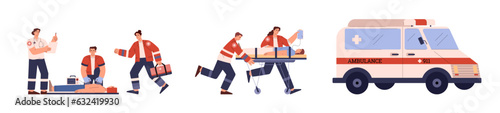 Set of ambulance emergency doctors and patients, car flat style