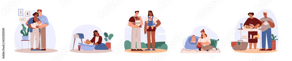 Set of scenes about baby care flat style, vector illustration Set of scenes about baby care flat style, vector illustration
