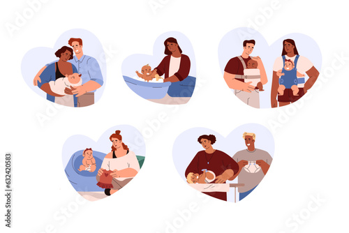 Set of scenes about baby care flat style, vector illustration