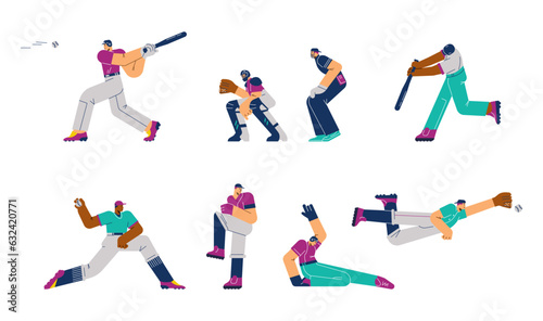 Set of baseball players catching and throwing ball, flat vector illustration isolated on white background.