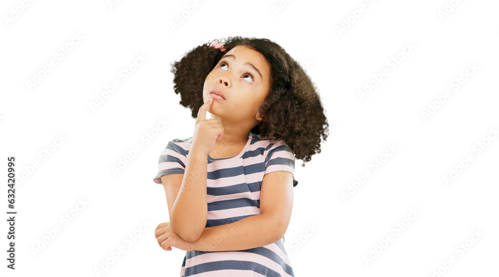 Thinking, idea and girl with a planning decision isolated on a transparent, png background. Doubt, youth question and a confused child and kid thoughtful, contemplating and curious for future Thinking, idea and girl with a planning decision isolated on a transparent, png background. Doubt, youth question and a confused child and kid thoughtful, contemplating and curious for future