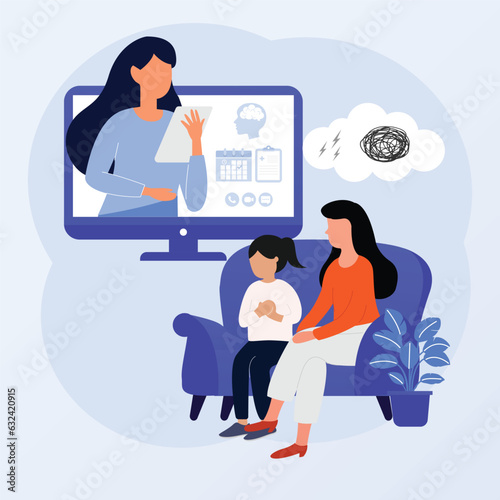 Mother with her daugter talking online with therapist via computer.