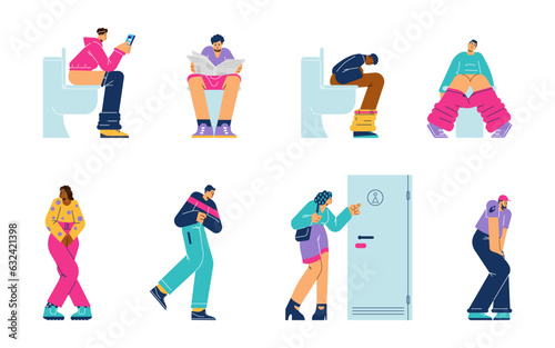 Set of people sitting on toilet bowl and waiting queue flat style