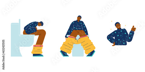 Man during and after successful bowel movement, vector illustration isolated.