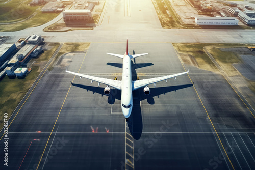 Aerial top view of airport with airplane running on runway for take off and lading, air traffic transportation concept, with Generative Ai.