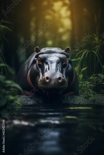 Pygmy Hippopotamus in the Jungle Showing Cuteness. Majestic Portrait. Wildlife Animal. Generative ai