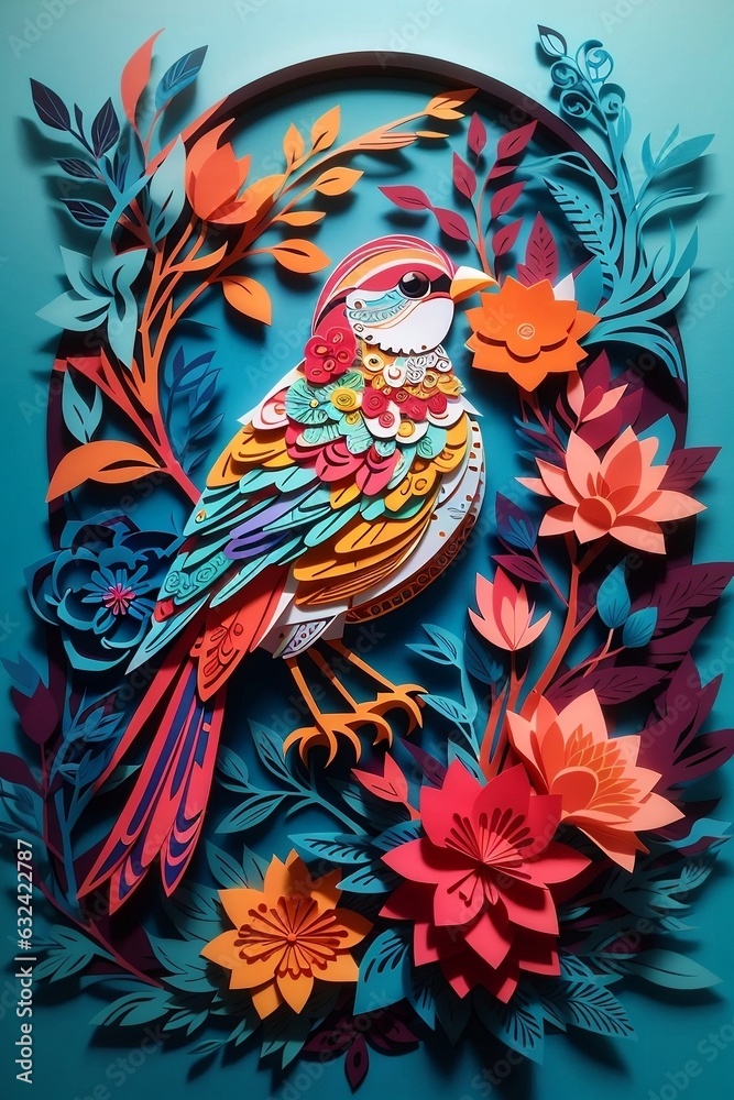 Floral background with flowers Colorful Kirigami Birds and Blooms in Harmony