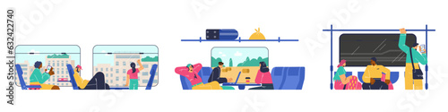 Vector set of banners people are sitting inside subway train on comfortable chairs, Flat doodle style, half body