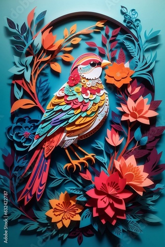 Floral background with flowers Colorful Kirigami Birds and Blooms in Harmony © kasun